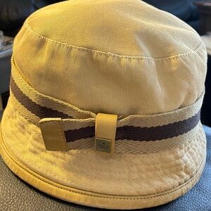 Gucci Tan Bucket Hat with Brown Stripe and Gold Hardware